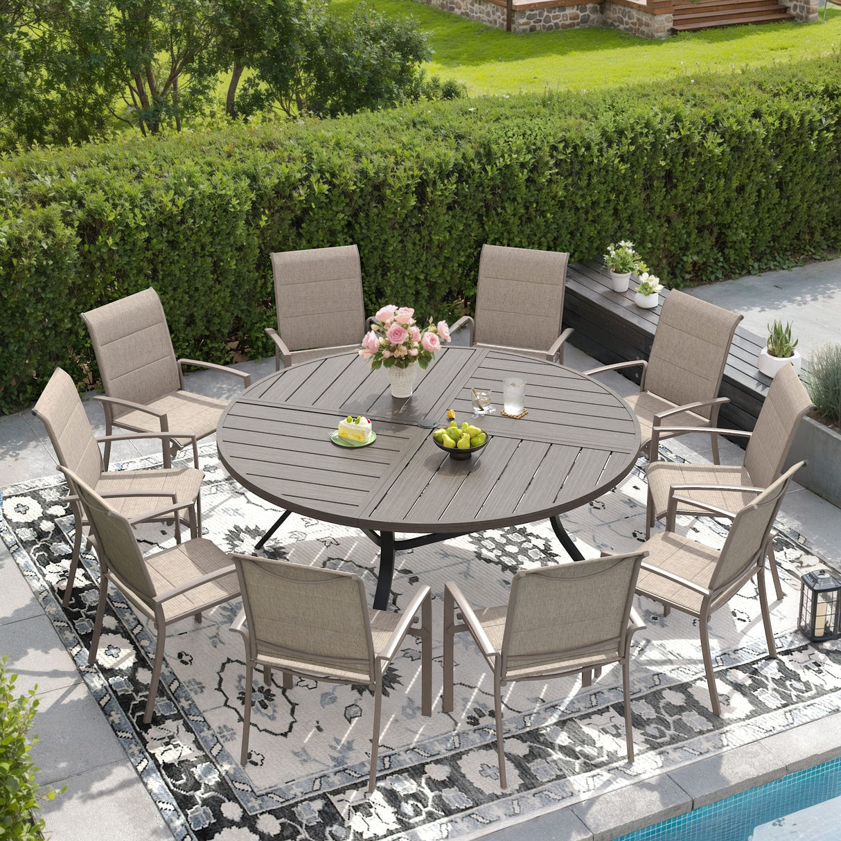 Vicllax Outdoor Dining Set of 8/10, Round Metal Table and Stackable Padded Chair Set of 8, 10