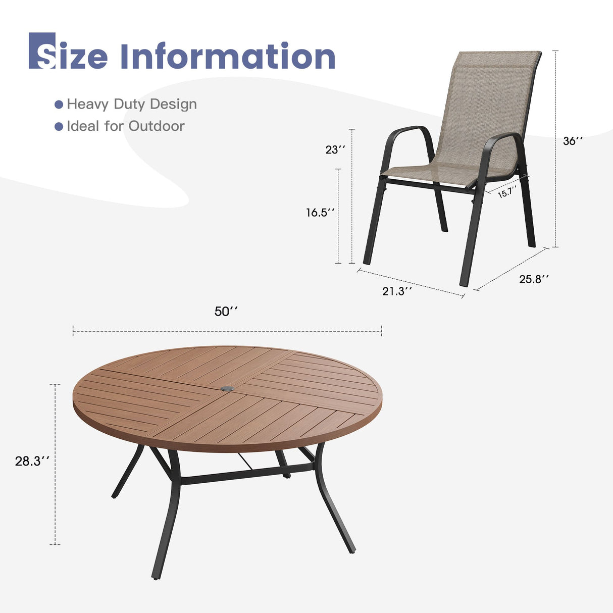 Vicllax 7 PCS Patio Dining Table Set, 50" Round Metal Table and Horizon Stackable Chair