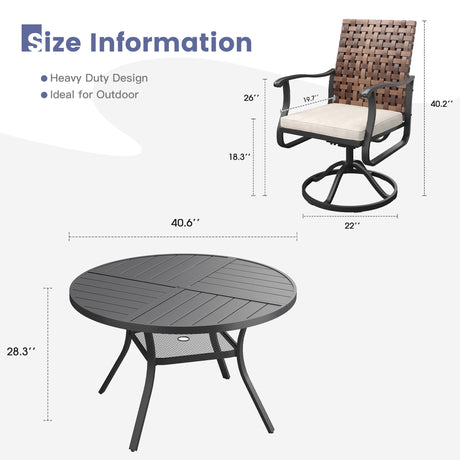 Vicllax 5 PCS Patio Dining Table Set, 41"/ 47" Round Metal Table and Sienna Swivel Chairs