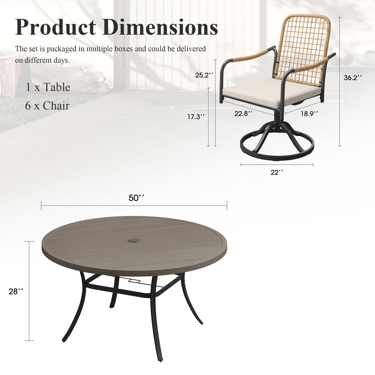 Vicllax 7-Piece Outdoor Dining Set, 50” Round Metal Table with Umbrella Hole & Solana Swivel Chair