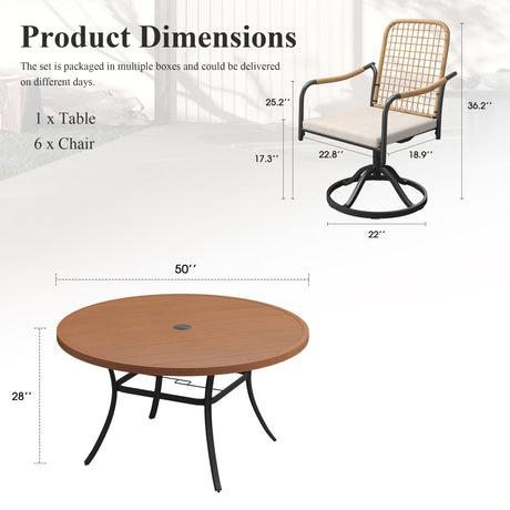 Vicllax 7-Piece Outdoor Dining Set, 50” Round Metal Table with Umbrella Hole & Solana Swivel Chair