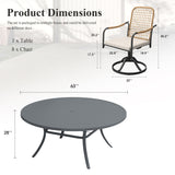 Vicllax 9-Piece Outdoor Dining Set, 63” Round Metal Table with Umbrella Hole & Solana Swivel Chair