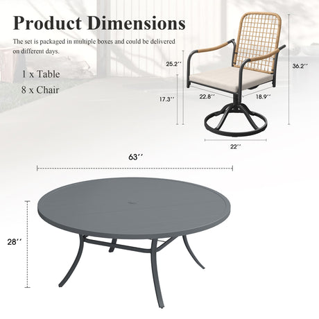 Vicllax 9-Piece Outdoor Dining Set, 63” Round Metal Table with Umbrella Hole & Solana Swivel Chair