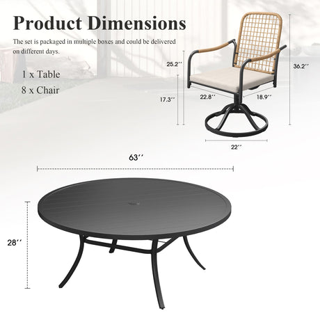 Vicllax 9-Piece Outdoor Dining Set, 63” Round Metal Table with Umbrella Hole & Solana Swivel Chair