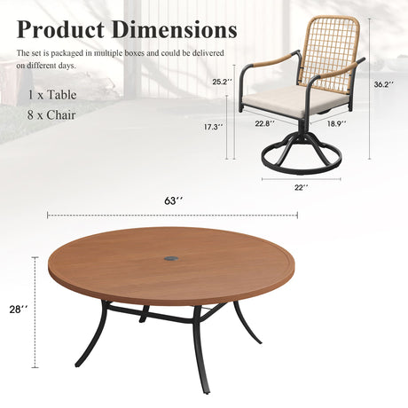 Vicllax 9-Piece Outdoor Dining Set, 63” Round Metal Table with Umbrella Hole & Solana Swivel Chair