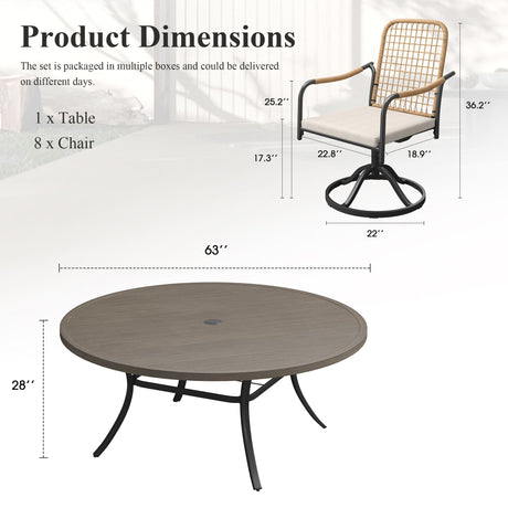Vicllax 9-Piece Outdoor Dining Set, 63” Round Metal Table with Umbrella Hole & Solana Swivel Chair