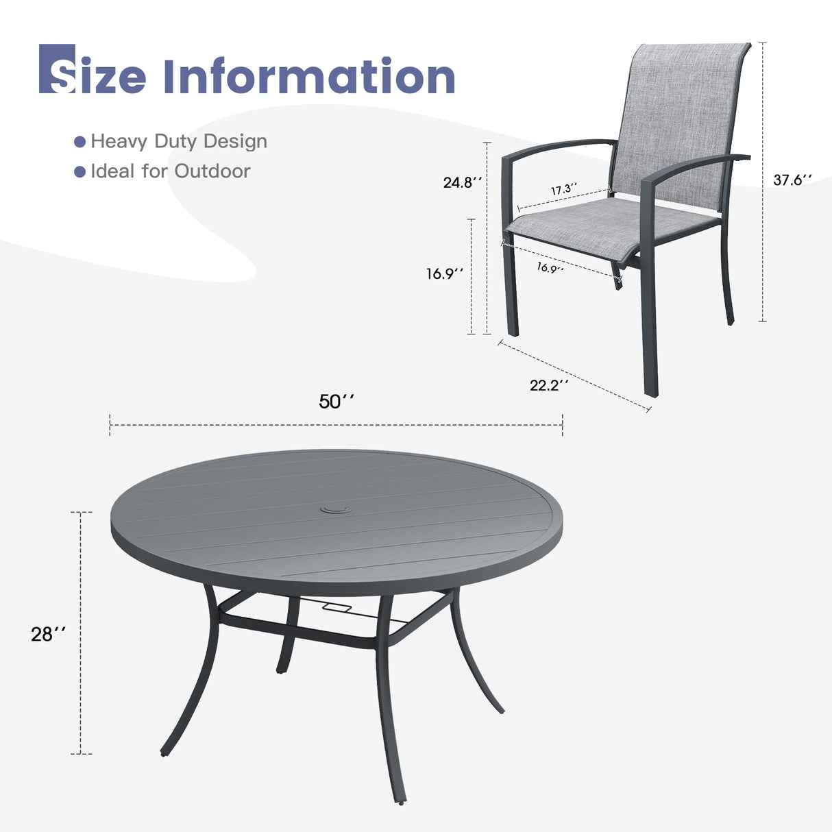 Vicllax 7-Piece Outdoor Dining Set, 50” Round Metal Table & Skyline Stackable  Chair