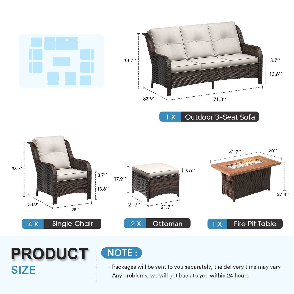 Vicllax Patio Wicker Oasis Lounge Set, 7-Piece Outdoor Sofa Set with Fire Pit Table(Stable Sofa Chair Set)