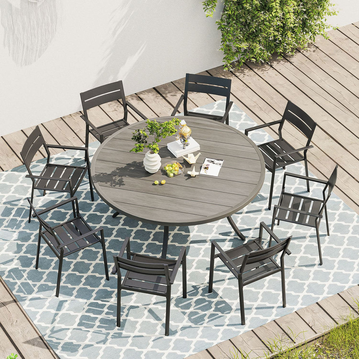 Vicllax Juego de comedor para exterior de 7 piezas con mesa redonda de metal de 48" y sillas con apoyabrazos