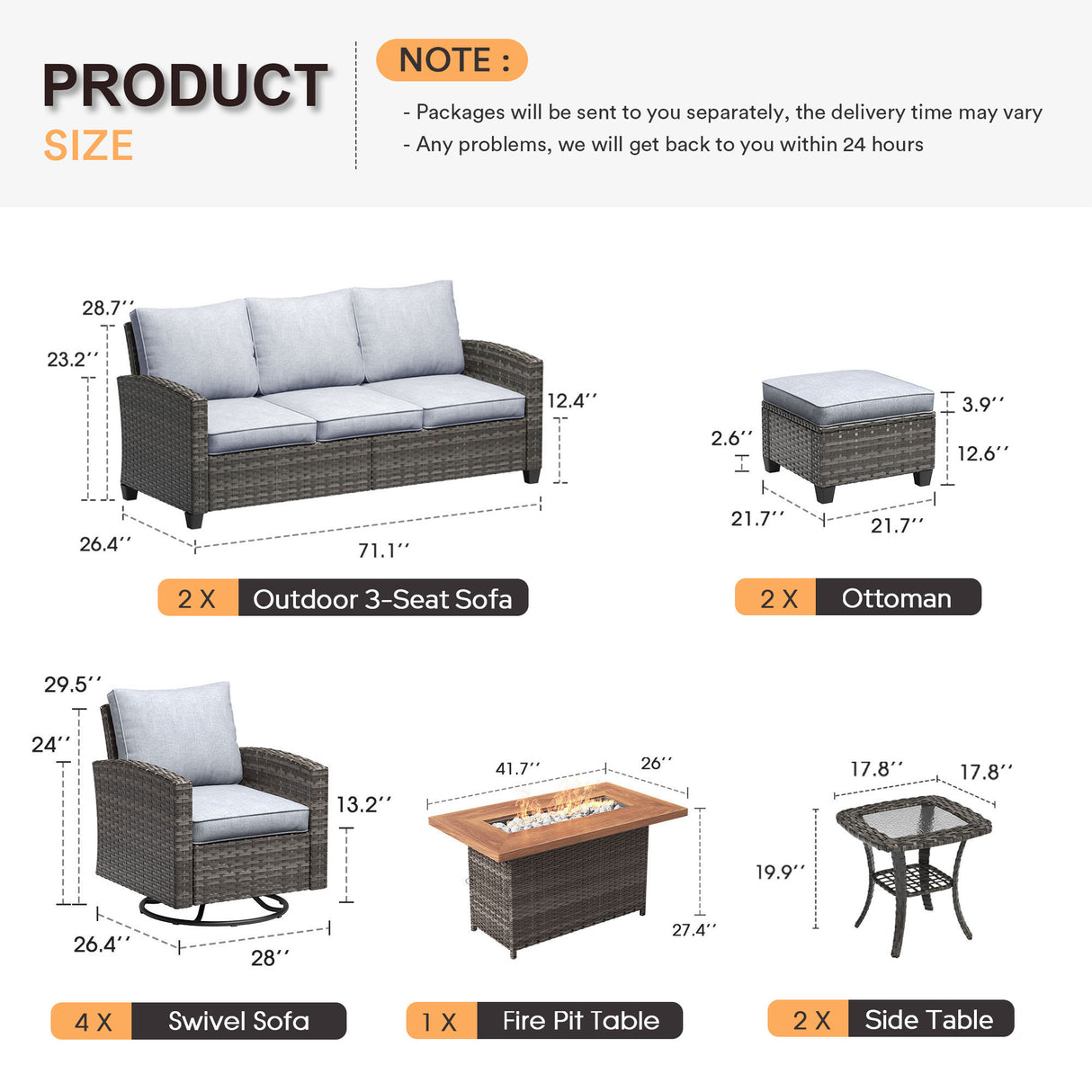 Vicllax Versatile Wicker Patio Set: 8 Pieces with Fire Table & Ottoman