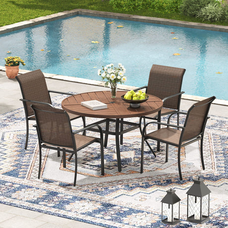 VICLLAX 5/7 PCS Patio Dining Table Set, Round Metal Table with Shelf and Stackable Sling Chair
