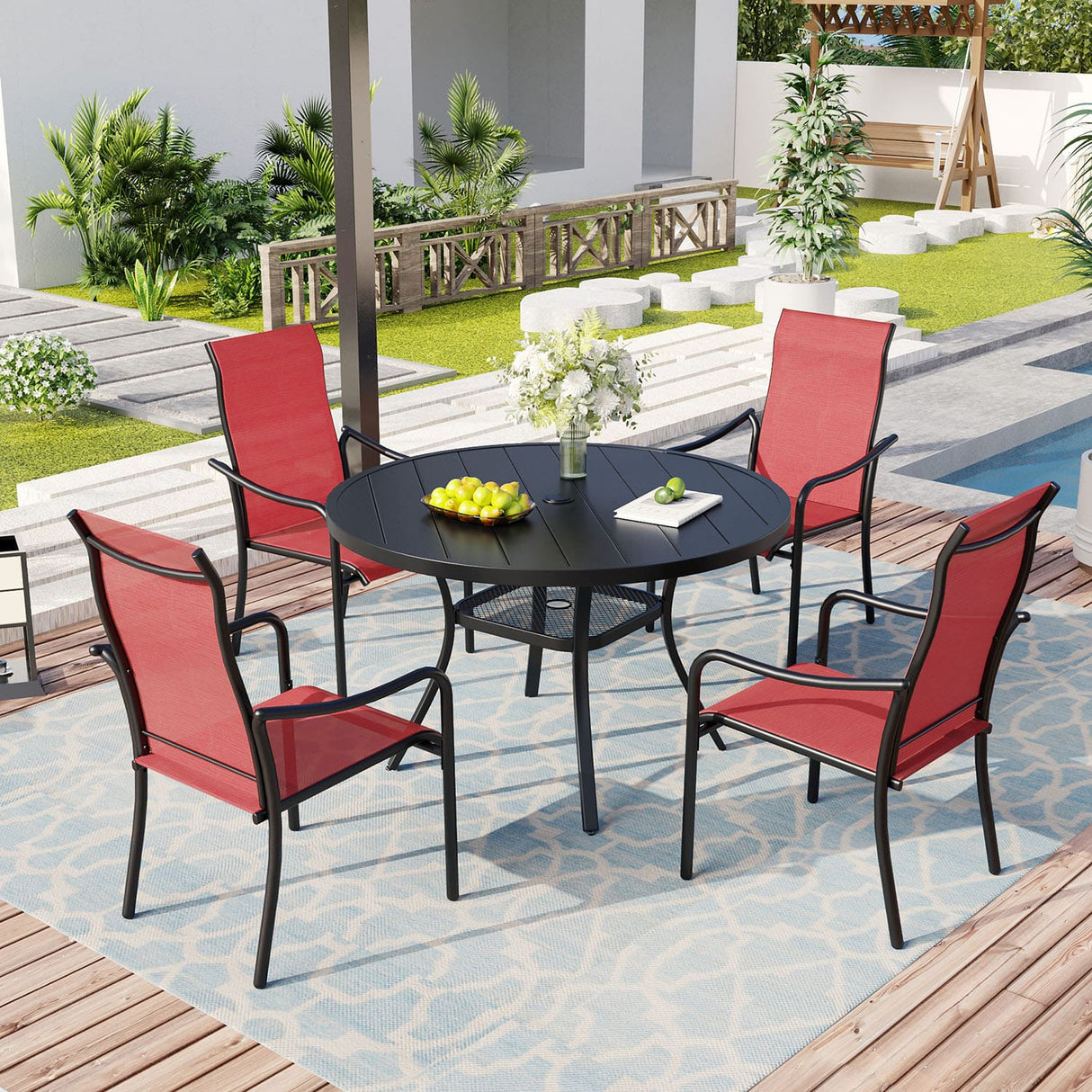 Vicllax 5 Pcs Outdoor Dining Set with 40.6" Round Metal Table and High Back Stackable Chair