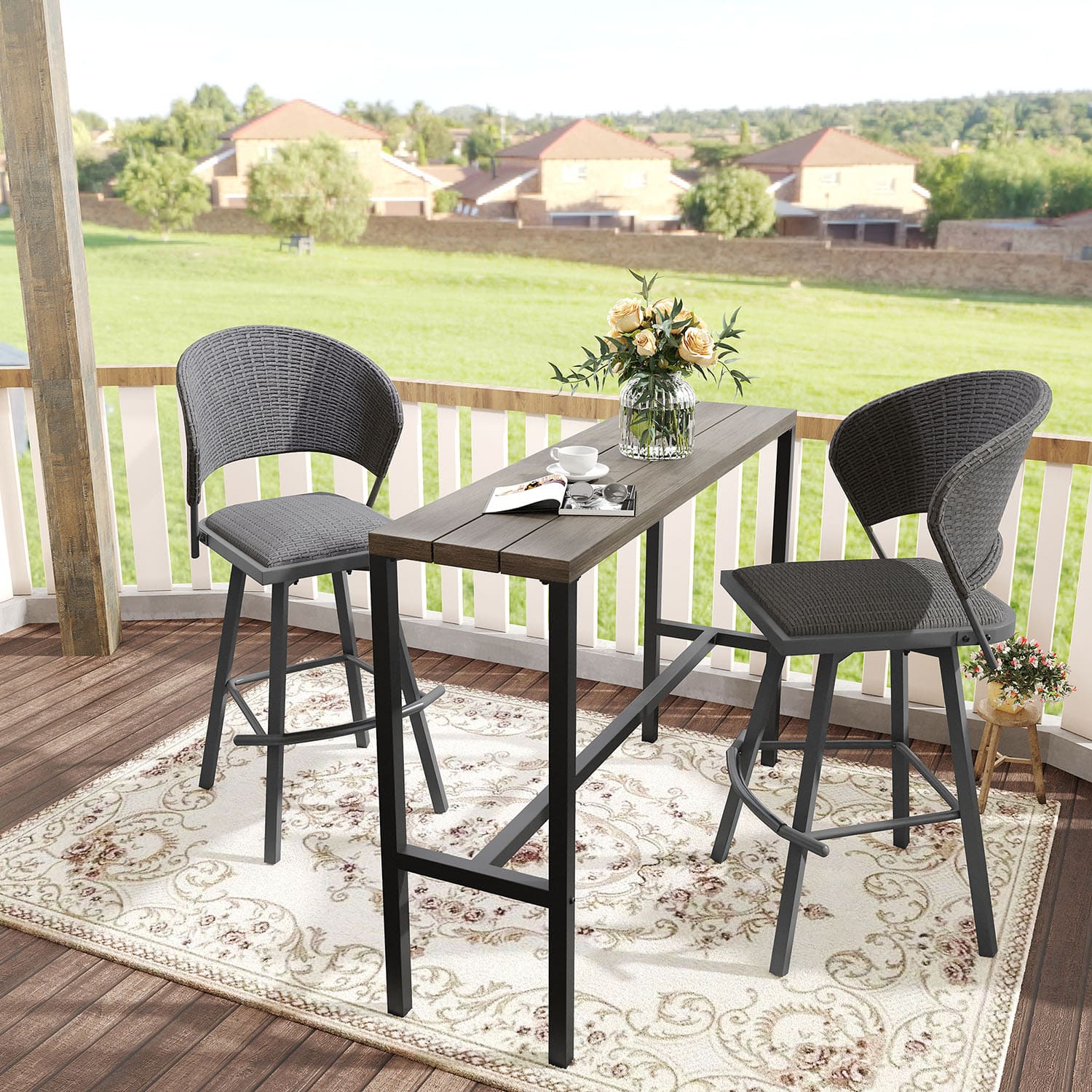 Vicllax 3 PCS Outdoor Swivel Bar Set, Patio Bar Height Wicker Chairs and Rectangular Bar Table
