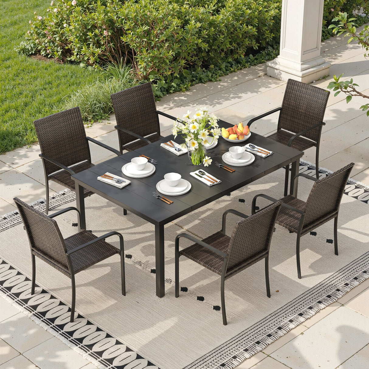 Vicllax 7 Pieces Outdoor Dining Set, Patio Rectangular Metal Table and  6 Stackable Metal  Armchairs
