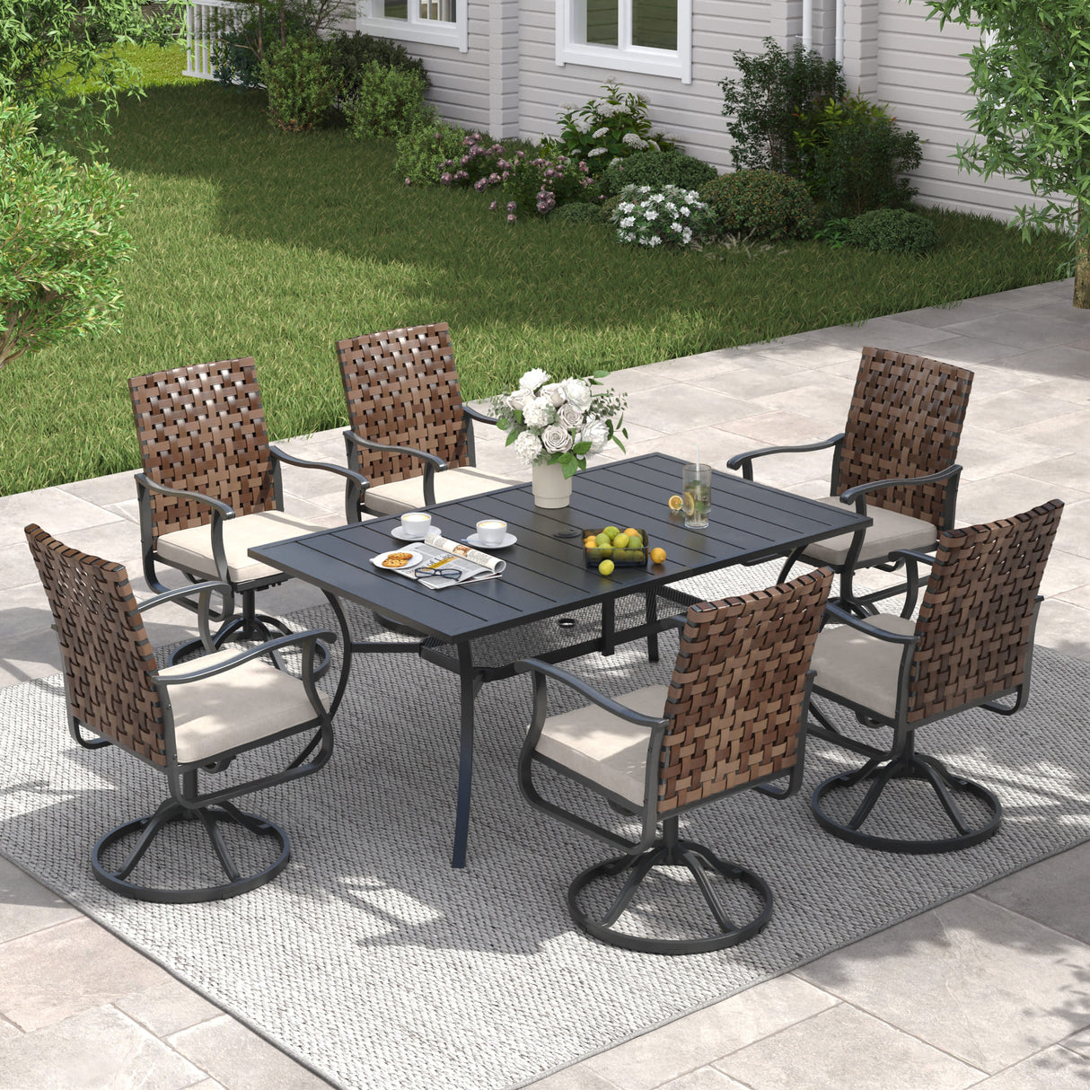 Vicllax 7 Pieces Outdoor Dining Set with Metal Rectangular Table and Sienna Swivel Chairs