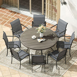 Vicllax Juego de comedor para exterior de 9 piezas con mesa redonda de metal de 54" y sillones de textileno 