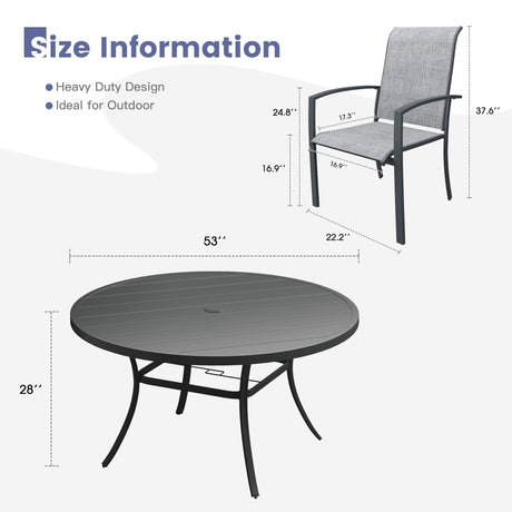 Vicllax 9 PCS Patio Dining Table Set, 53" Round Metal Table and Skyline Stackable Chair