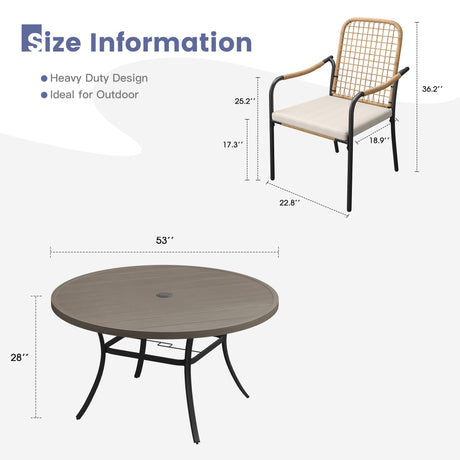 Vicllax 9-Piece Outdoor Dining Set, 53” Round Metal Table with Umbrella Hole and Solana Stackable Chair