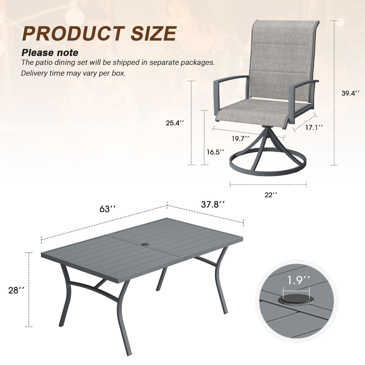Vicllax 7 Pieces Outdoor Dining Set with Metal Rectangular Table and Padded Swivel Chair