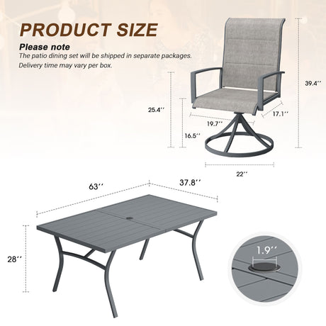 Vicllax Juego de comedor de exterior de 7 piezas con mesa rectangular de metal y sillas giratorias de textileno