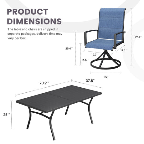 Vicllax Juego de comedor de exterior de 7 piezas con mesa rectangular de metal y sillas giratorias de textileno