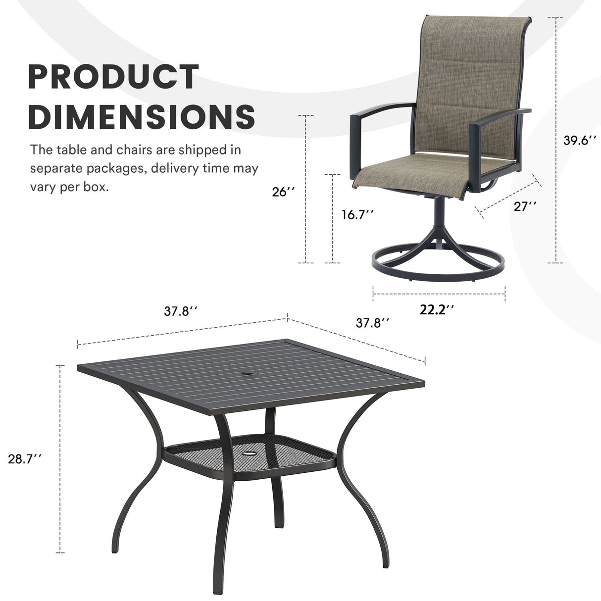 Vicllax 5 Pieces Outdoor Dining Set with Square Table and Padded Swivel Chairs