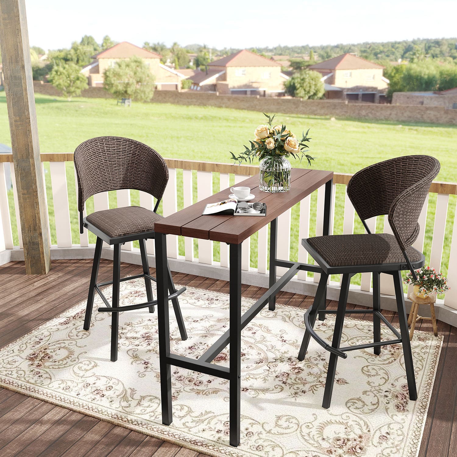 Vicllax 3 PCS Outdoor Swivel Bar Set, Patio Bar Height Wicker Chairs and Rectangular Bar Table