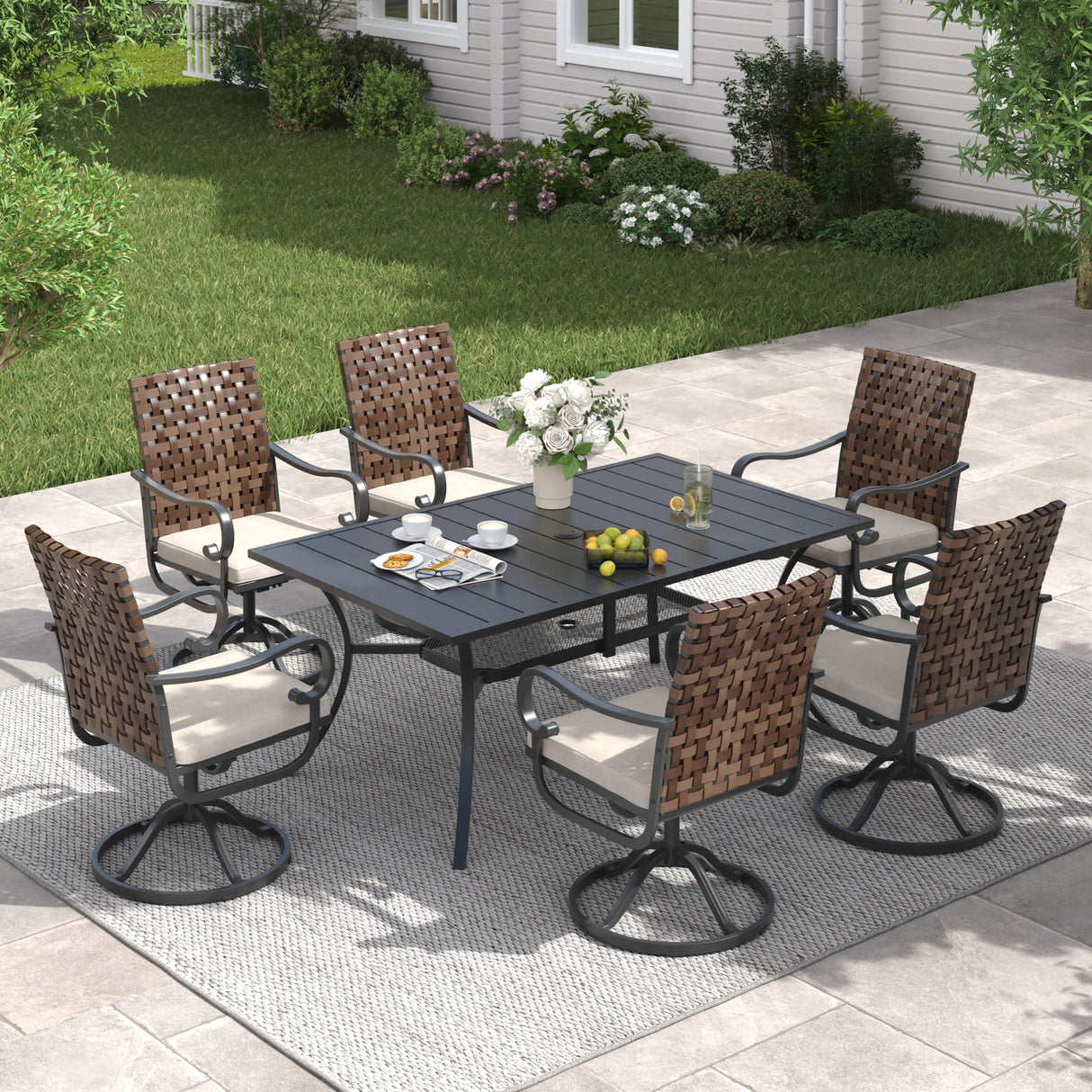 Vicllax 7 Pieces Outdoor Dining Set with Metal Rectangular Table and Sierra Swivel Chair