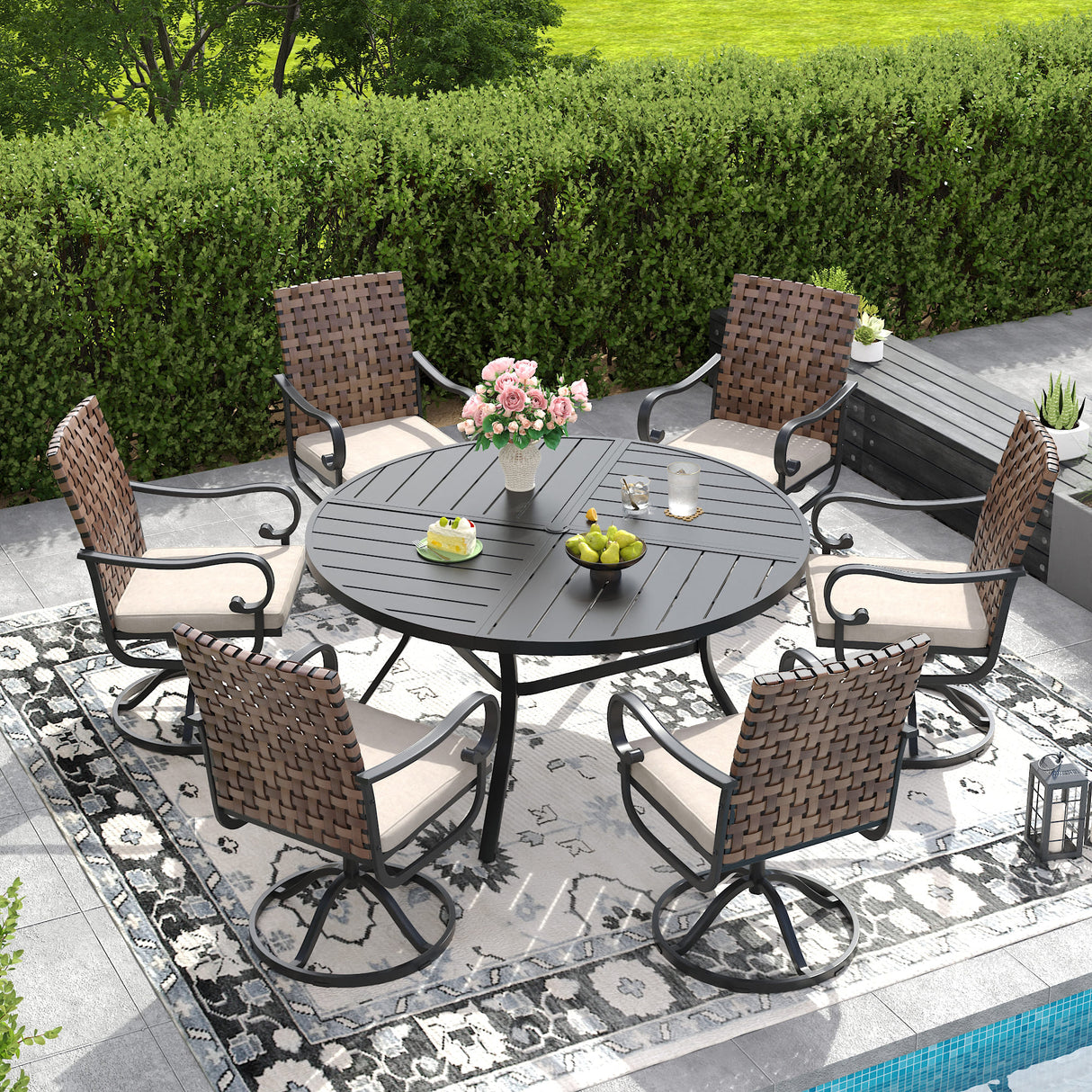 Vicllax 7 Pieces Patio Dining Table Set, 50" Round Metal Table and Sierra Swivel Chair