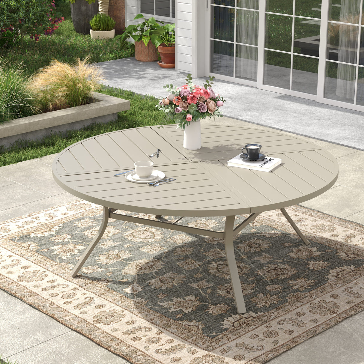 Vicllax 59.8" Patio Round Dining Table Set of 8, Metal Dining Table and Swivel Dining Chairs