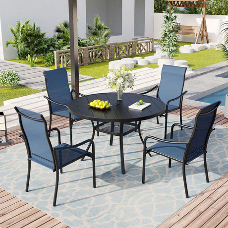 Vicllax 5/7 Pcs Outdoor Dining Set with Round Metal Table and High Back Stackable Chair