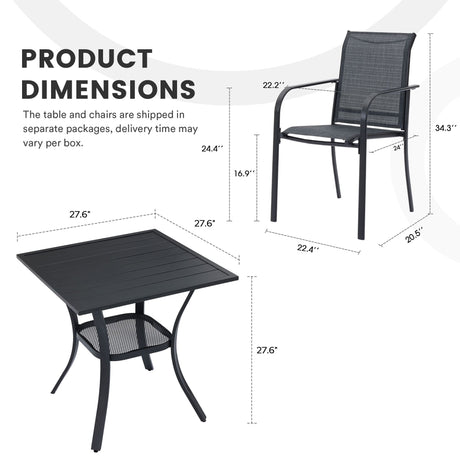 Vicllax 3-Piece Patio Bistro Set, Outdoor Stackable Sling Chairs and Black Metal Square Table