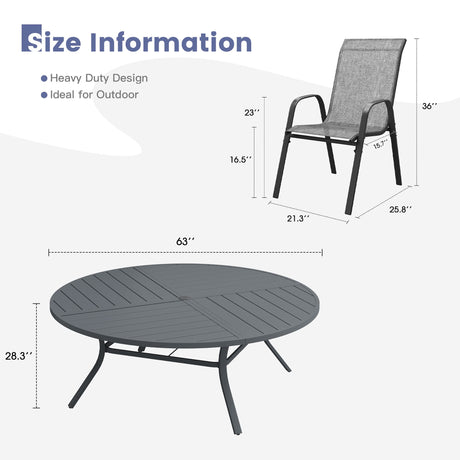 Vicllax 11 PCS Patio Dining Table Set, 63" Round Metal Table and Horizon Stackable Chair