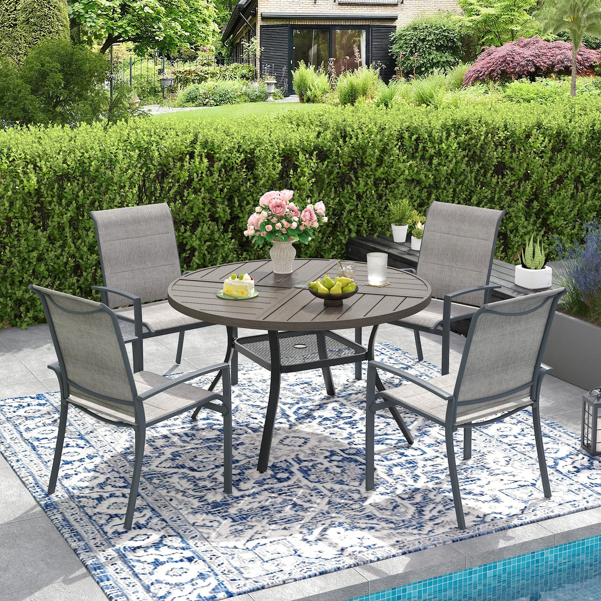 VICLLAX Patio Outdoor Dining Set of 4/6, Metal Round Dining Table and Stackable Sling Dining Chair with Armrest
