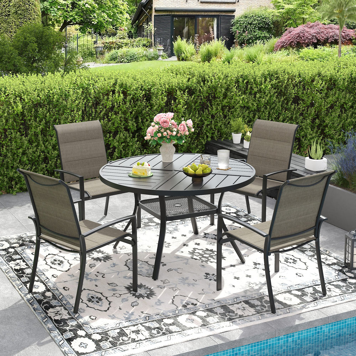 VICLLAX Patio Outdoor Dining Set of 4/6, Metal Round Dining Table and Stackable Sling Dining Chair with Armrest