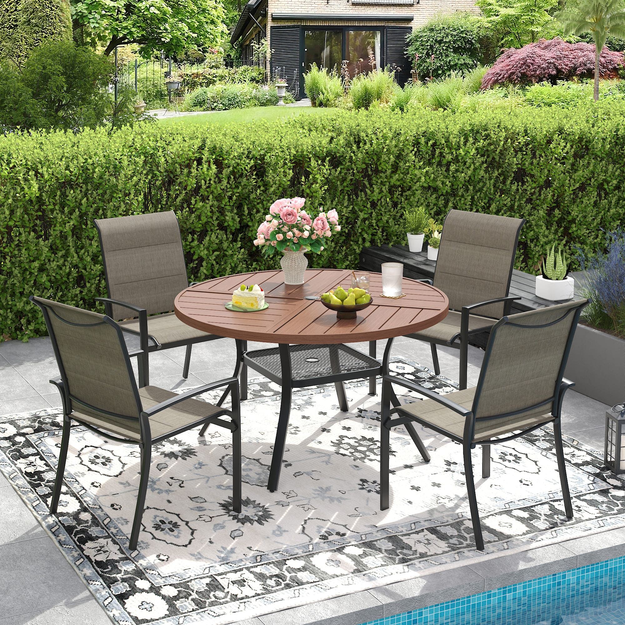 VICLLAX Patio Outdoor Dining Set of 4/6, Metal Round Dining Table and Stackable Sling Dining Chair with Armrest