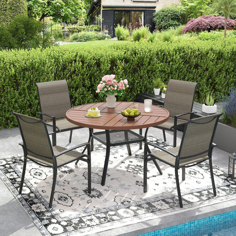 VICLLAX Patio Outdoor Dining Set of 4/6, Metal Round Dining Table and Stackable Sling Dining Chair with Armrest
