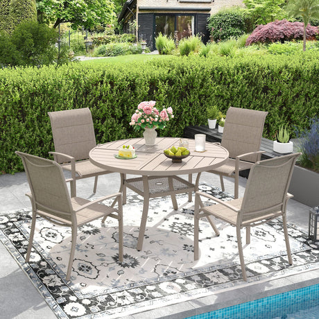 VICLLAX Patio Outdoor Dining Set of 4/6, Metal Round Dining Table and Stackable Sling Dining Chair with Armrest