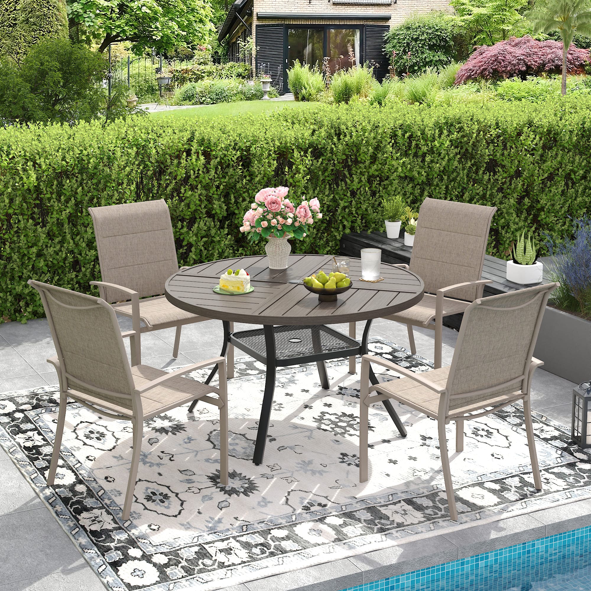 VICLLAX Patio Outdoor Dining Set of 4/6, Metal Round Dining Table and Stackable Sling Dining Chair with Armrest