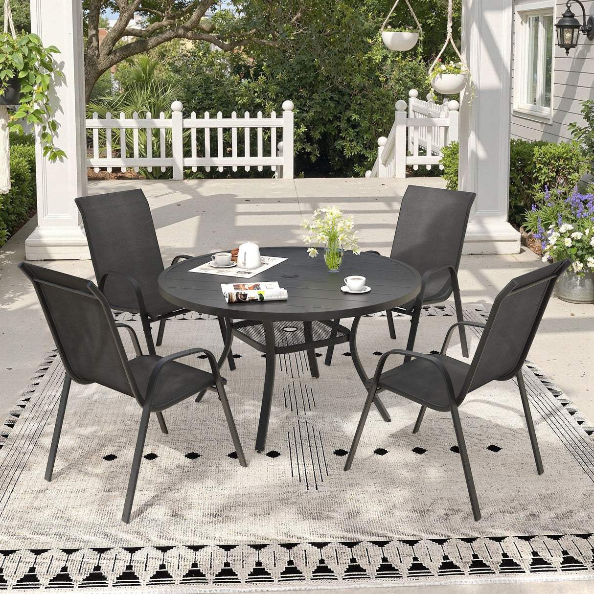Vicllax 5 Pieces Outdoor Dining Set, 40.6" Outdoor Round dining Table and Horizon Stackable Chair