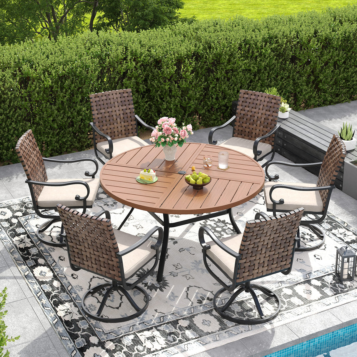Vicllax 7 Pieces Patio Dining Table Set, 50" Round Metal Table and Sierra Swivel Chair