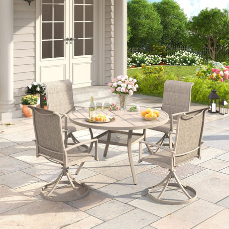 VICLLAX 5 PCS Patio Dining Table Set, Round Metal Table with Shelf and Padded Swivel Chair
