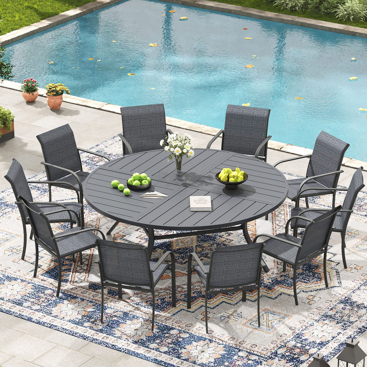 Vicllax Mesa redonda para patio de 42" con estante de almacenamiento y orificio para sombrilla ajustable 