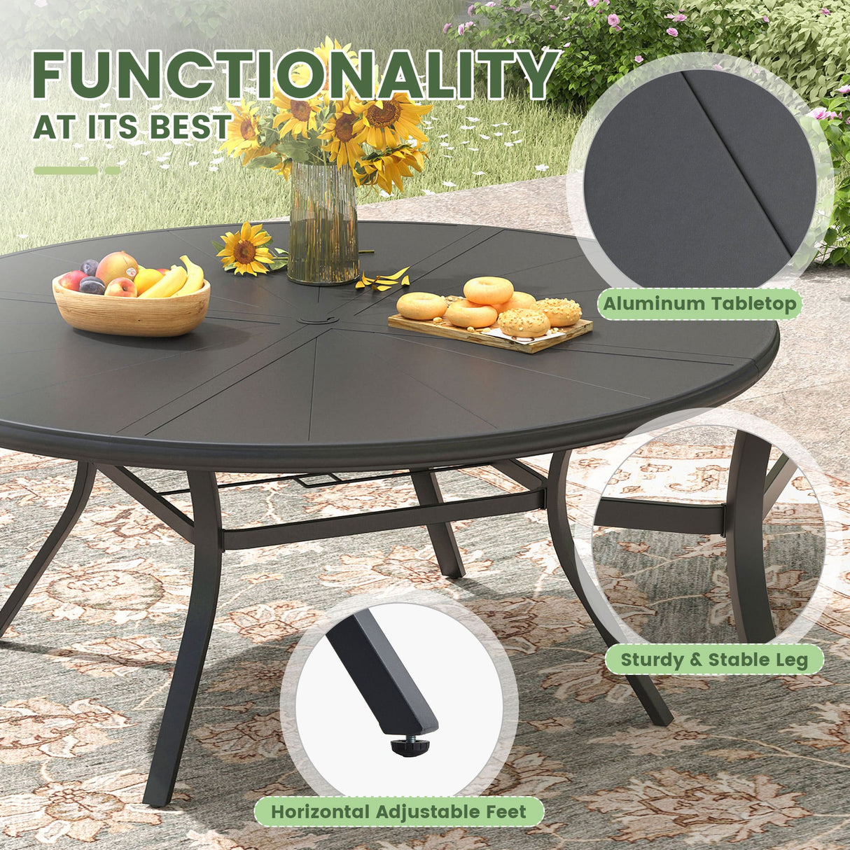 Vicllax Outdoor Round Dining Table, Patio Aluminum Tabletop with Storage Shelf