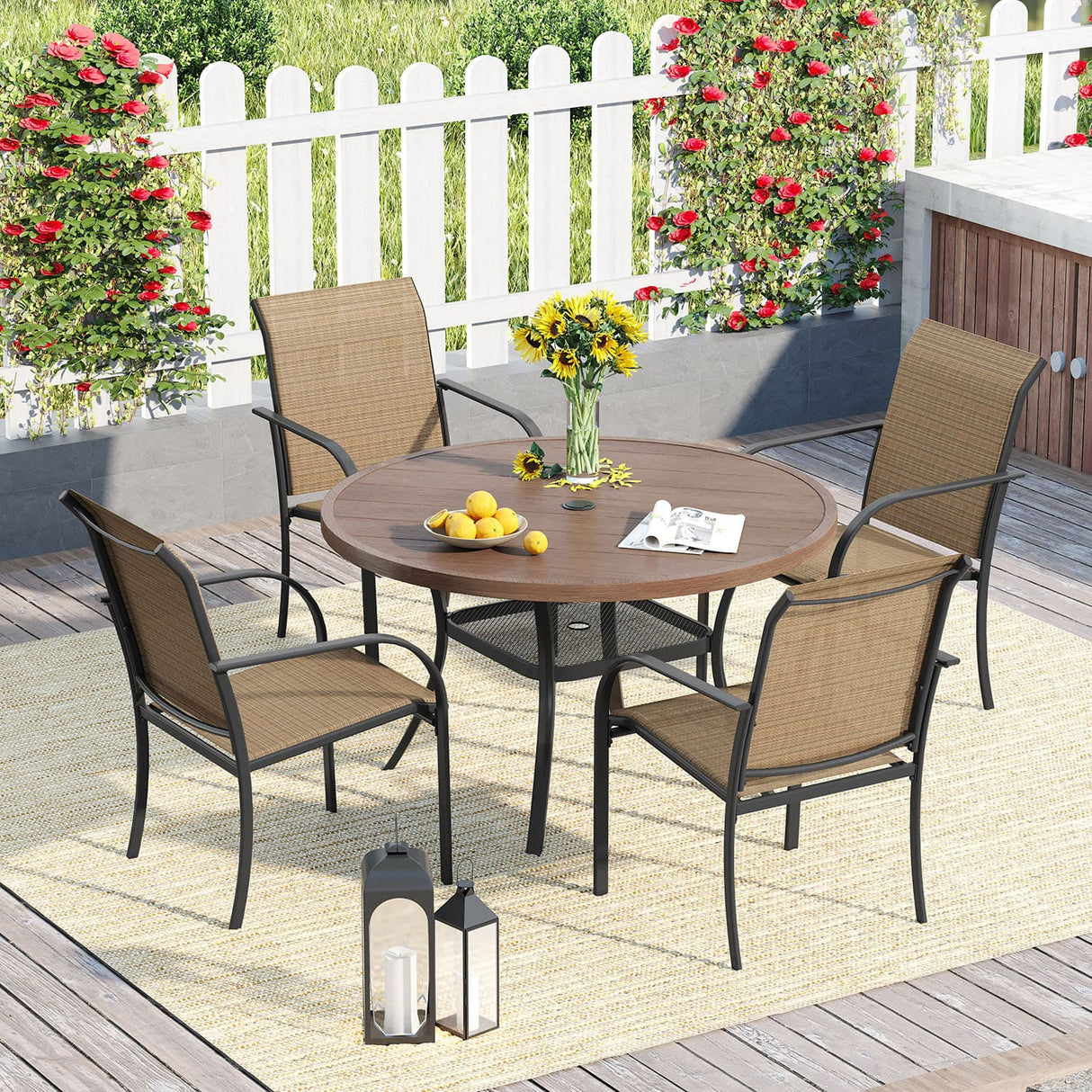 Vicllax Juego de comedor para exterior de 7 piezas con mesa redonda de metal de 48" y sillones de textileno 