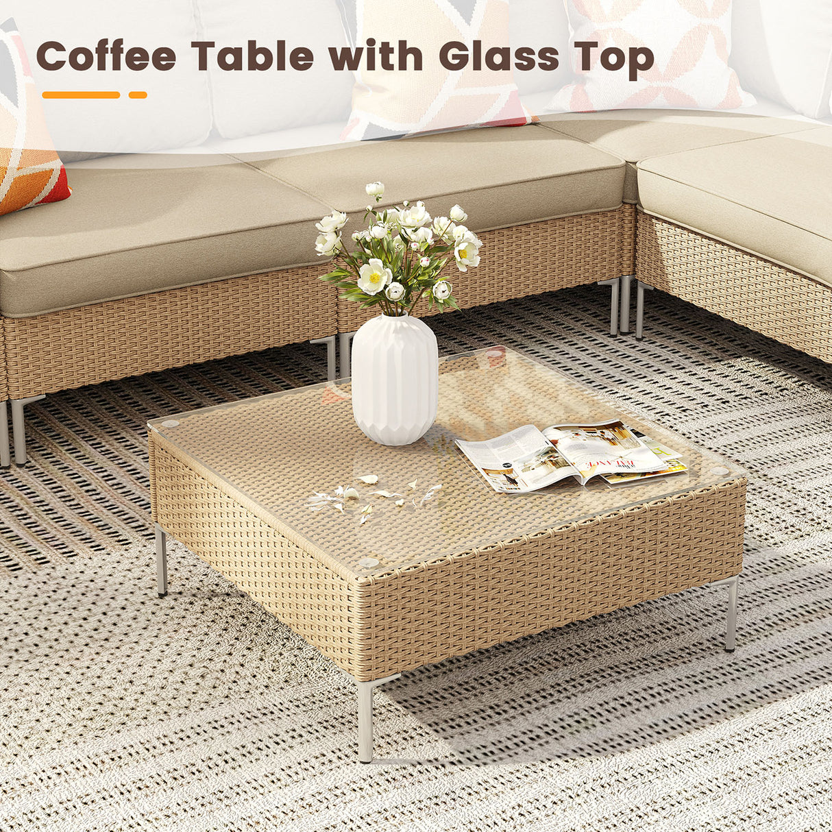 Vicllax 5/7 PCS Wicker Outdoor Conversation Set Patio Sectional Sofas with Glass Coffee Table