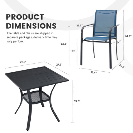 Vicllax 3-Piece Patio Bistro Set, Outdoor Stackable Sling Chairs and Black Metal Square Table