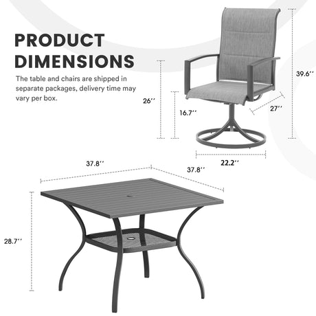 Vicllax 5 Pieces Outdoor Dining Set with Square Table and Padded Swivel Chairs