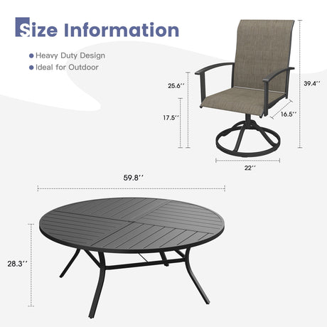 VICLLAX 9-pcs Outdoor Dining Set, 60” Round Metal Table with Umbrella Hole & 8 Swivel Textilene Chairs