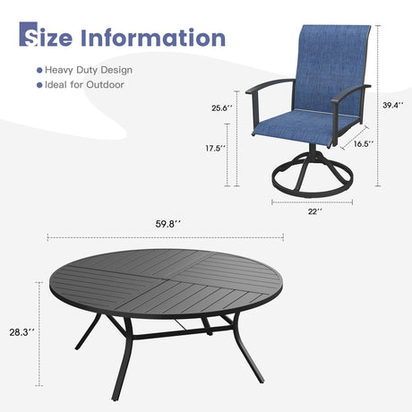VICLLAX 9-pcs Outdoor Dining Set, 60” Round Metal Table with Umbrella Hole & 8 Swivel Textilene Chairs